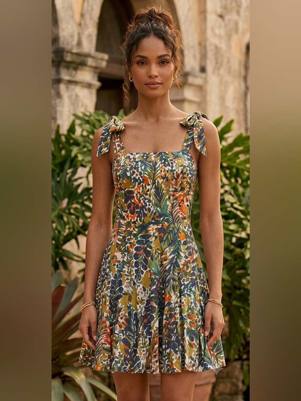 NWT Kori Abstract Tropical Tie-Shoulder Mini Dress